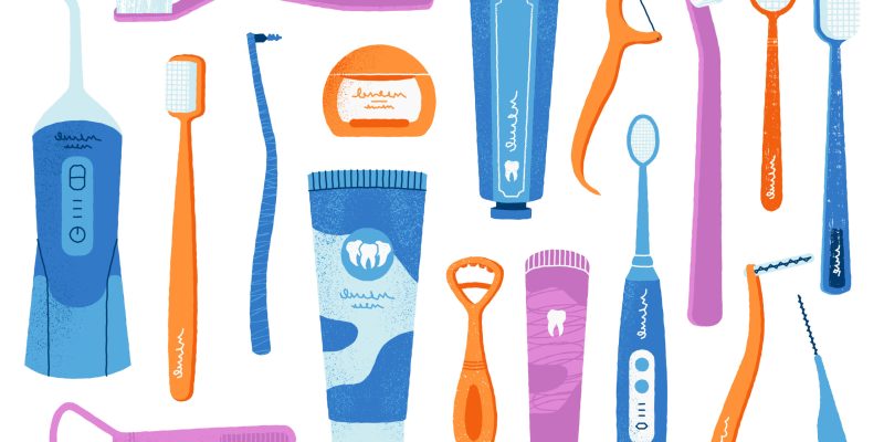 Dental hygiene tools. Cartoon mouth cleaning accessories, teeth care products toothbrush toothpaste floss mouthwash icons. Vector flat set